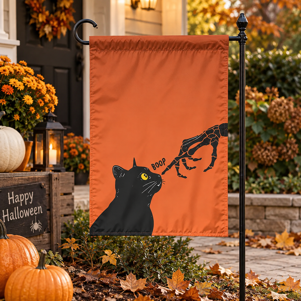 Funny boop cat and skeleton hand Halloween garden flag, view 3
