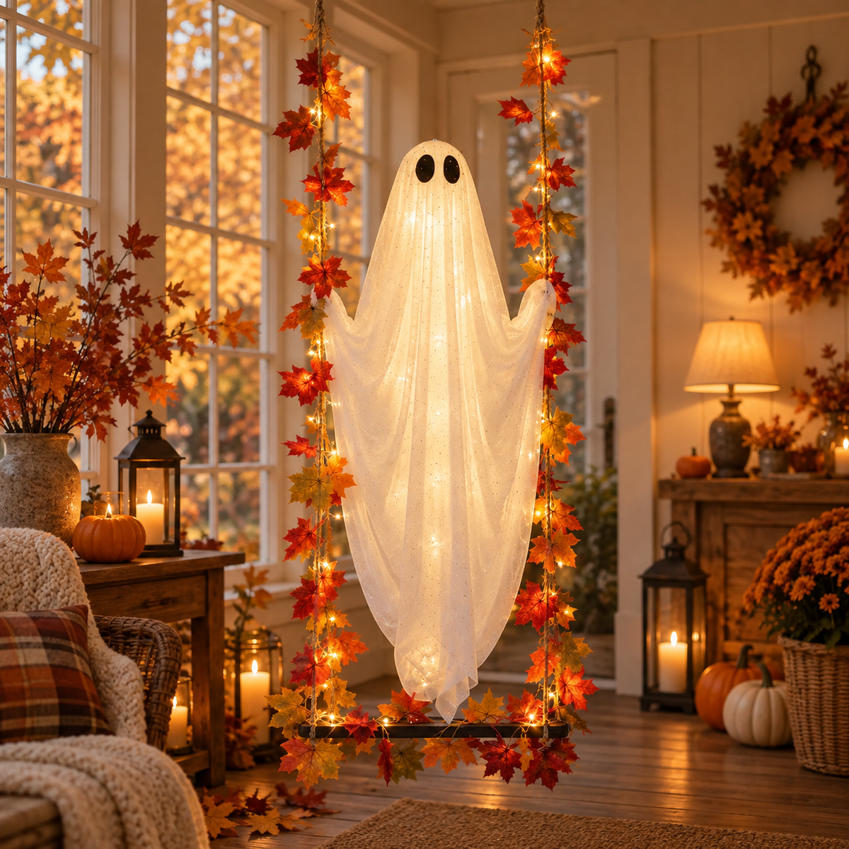 Lighted hanging ghost on a swing porch decor | USAGatherCo