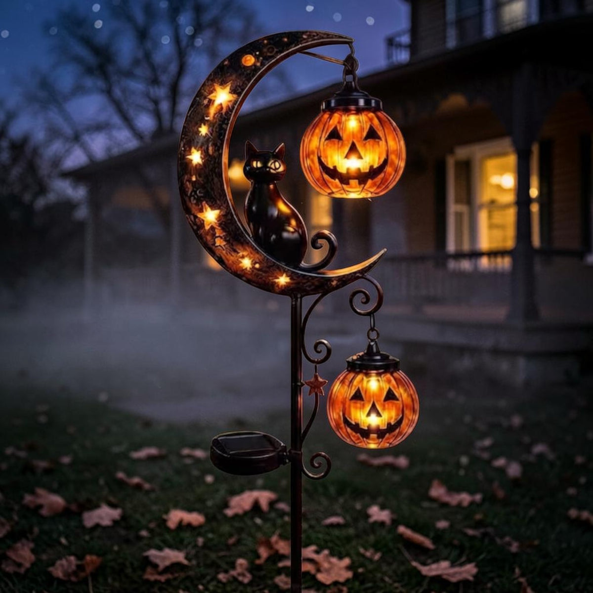 Black cat and moon solar stake light, outdoor Halloween pathway lantern | USAGatherCo