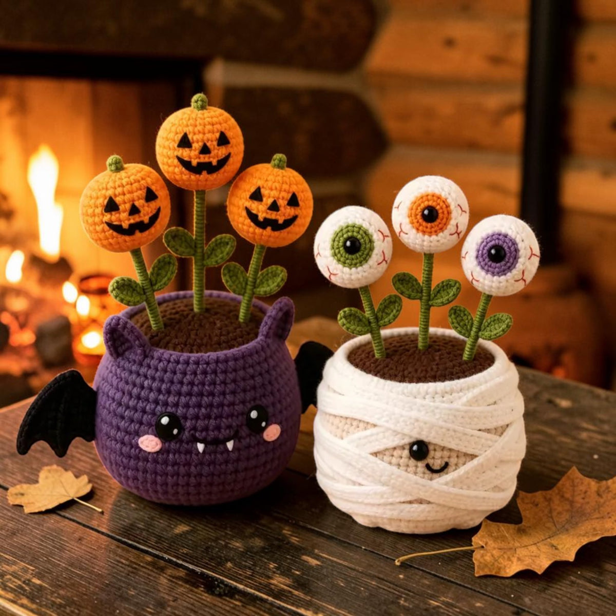 Crochet Halloween potted plant with bat, mummy and pumpkin, view 4