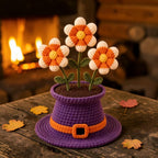 Crochet Halloween potted plant with bat, mummy and pumpkin, view 2