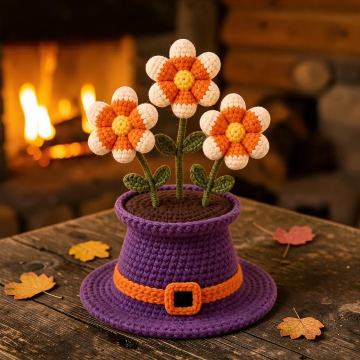Crochet Halloween potted plant with bat, mummy and pumpkin, view 2