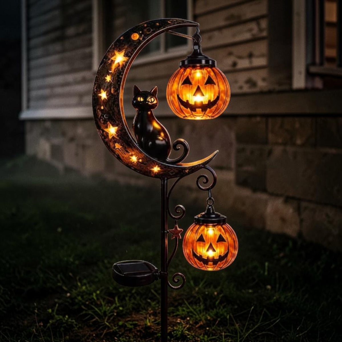 Black cat and moon solar stake light, outdoor Halloween pathway lantern, view 2