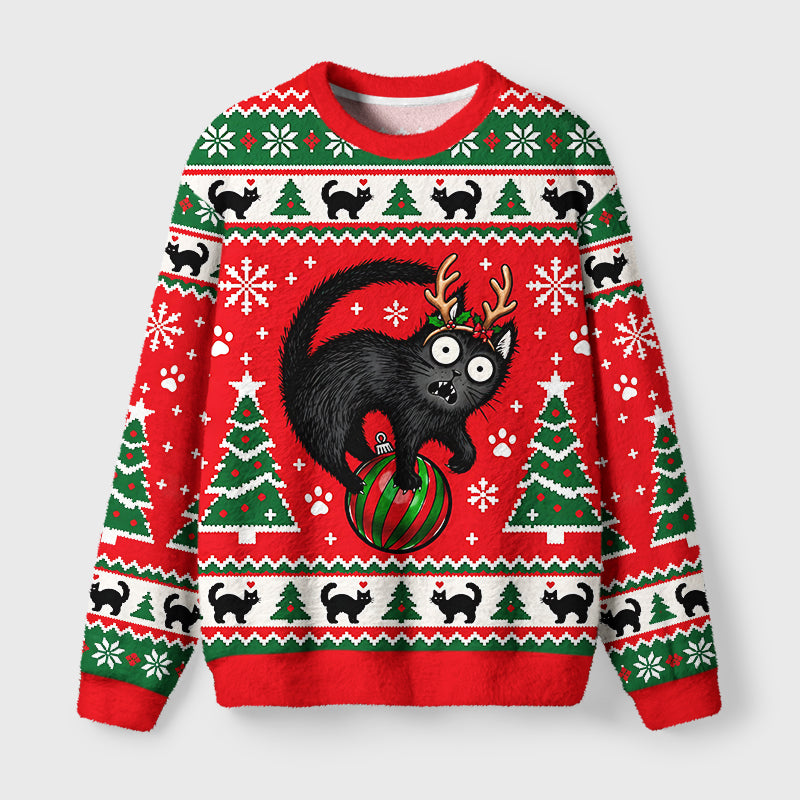 Black Cat Playing With Christmas Bauble Fuzzy Christmas Ugly Sweater