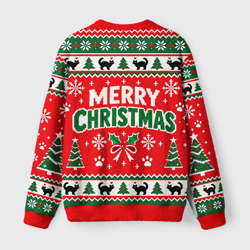 Black Cat Playing With Christmas Bauble Fuzzy Christmas Ugly Sweater