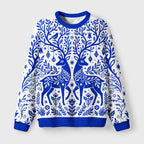 Blue Folk Reindeer Fuzzy Christmas Ugly Sweater