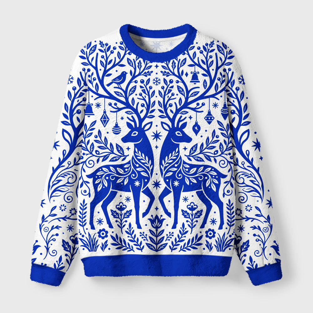 Blue Folk Reindeer Fuzzy Christmas Ugly Sweater