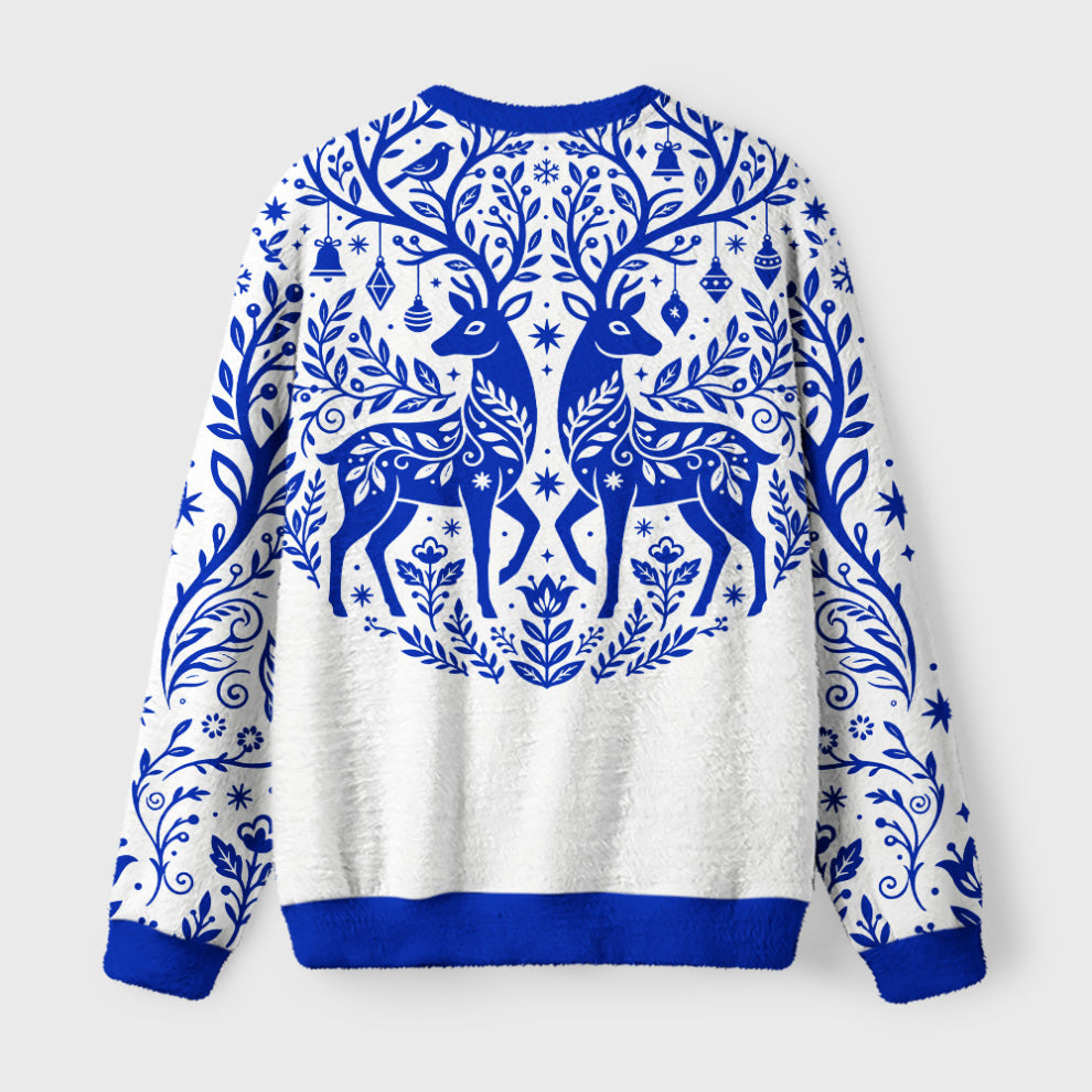 Blue Folk Reindeer Fuzzy Christmas Ugly Sweater