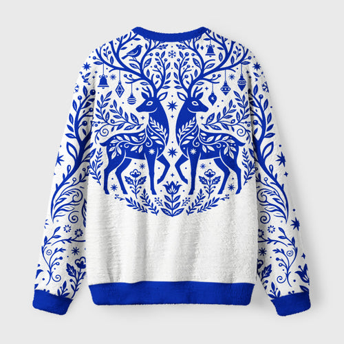 Blue Folk Reindeer Fuzzy Christmas Ugly Sweater