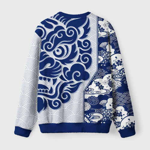 Buddha Seigaiha Wave Fuzzy Christmas Ugly Sweater
