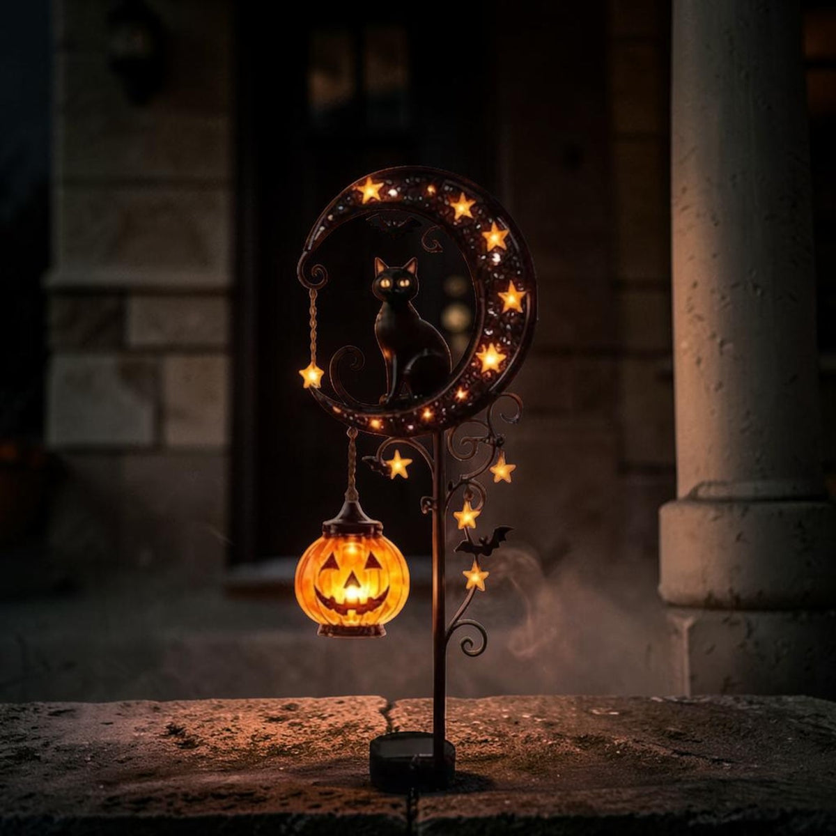 Black cat and moon solar stake light, outdoor Halloween pathway lantern, view 3