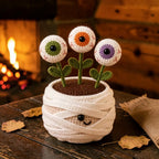 Crochet Halloween potted plant with bat, mummy and pumpkin, view 3