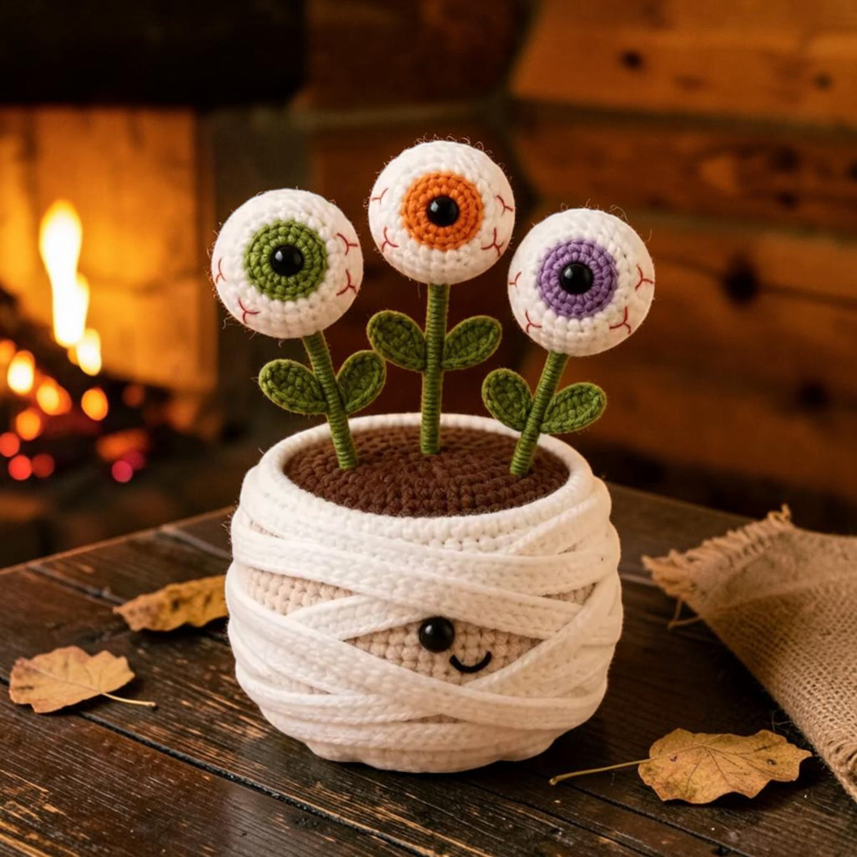Crochet Halloween potted plant with bat, mummy and pumpkin, view 3