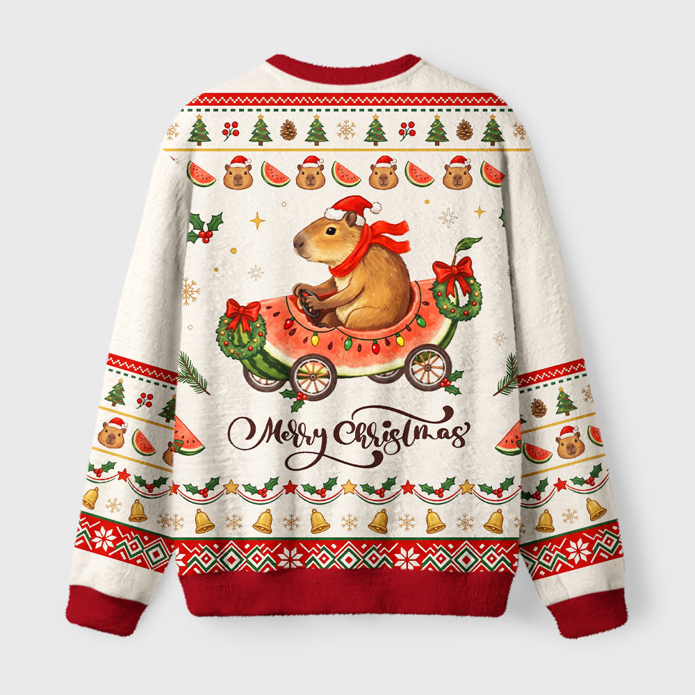 Capybara Drive Watermelon Car Fuzzy Christmas Ugly Sweater
