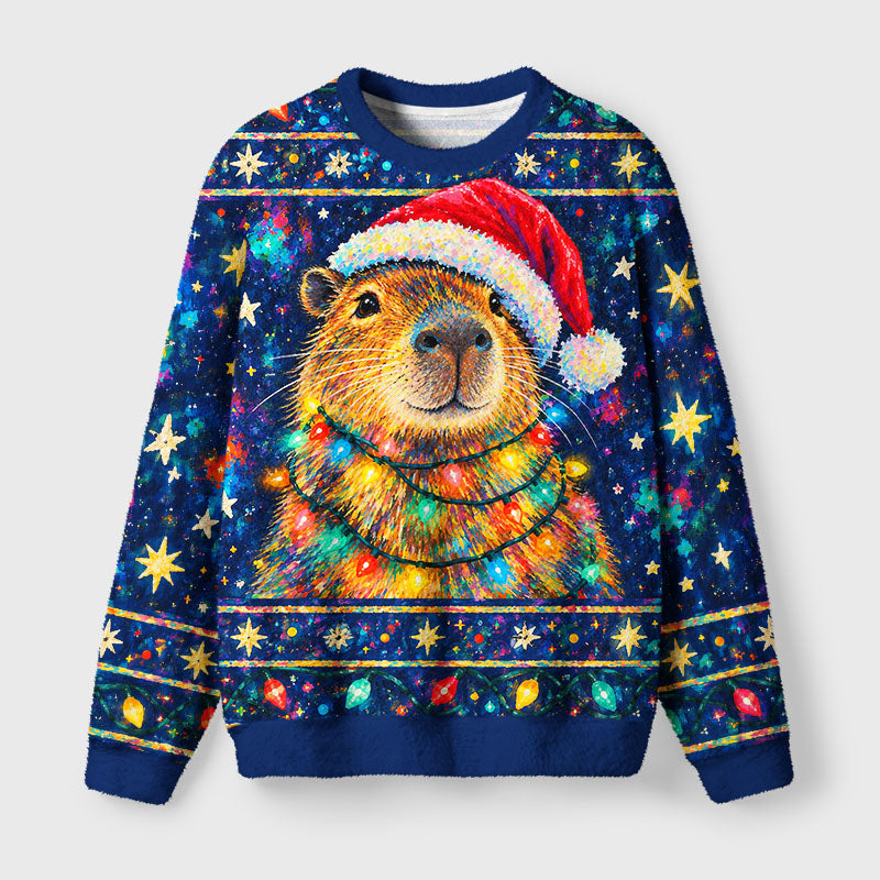 Christmas Capybara Lights Fuzzy Christmas Ugly Sweater