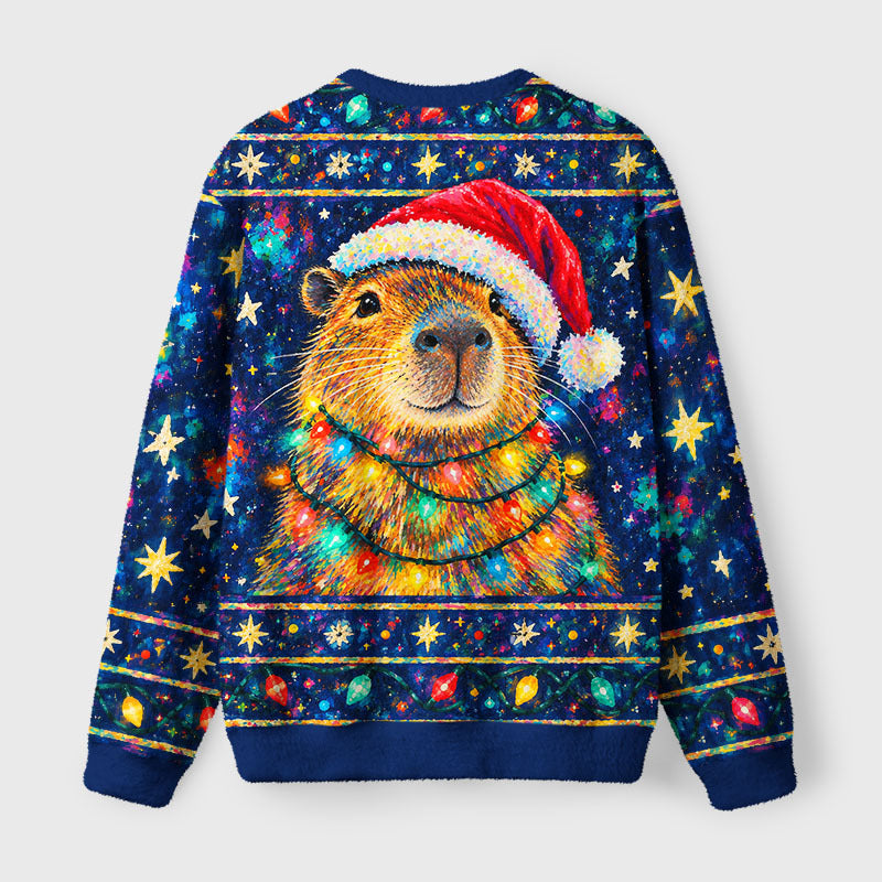 Christmas Capybara Lights Fuzzy Christmas Ugly Sweater