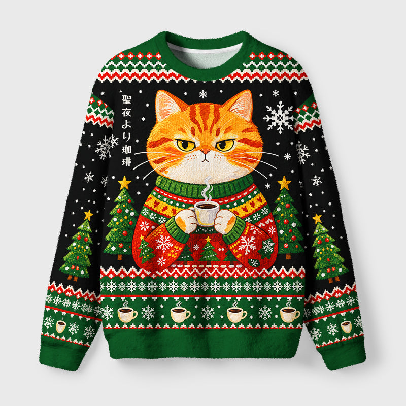 Christmas Coffee Cat Art Fuzzy Christmas Ugly Sweater