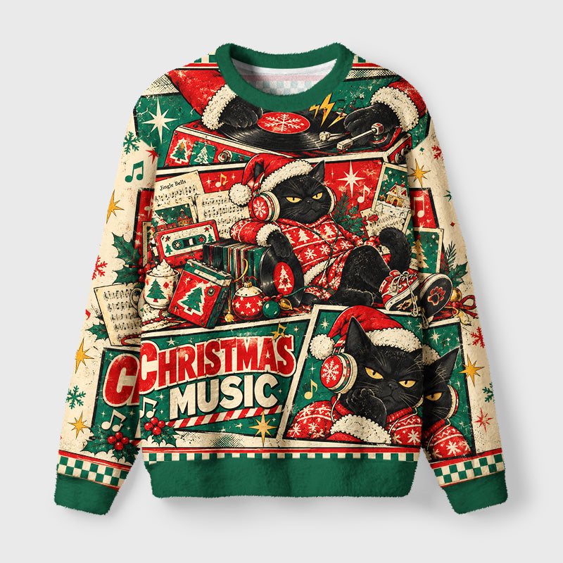 Christmas Music Black Cat Fuzzy Christmas Ugly Sweater