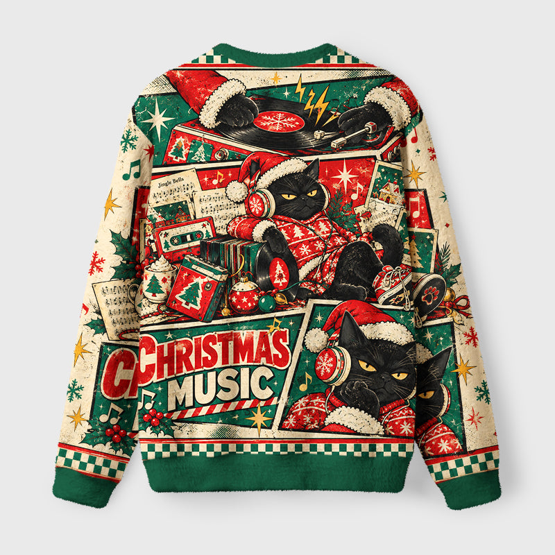 Christmas Music Black Cat Fuzzy Christmas Ugly Sweater