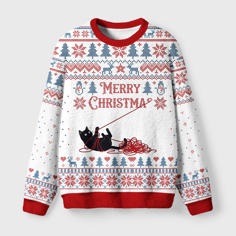 Christmas Yarn Black Cat Fuzzy Christmas Ugly Sweater
