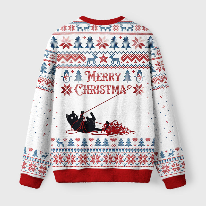 Christmas Yarn Black Cat Fuzzy Christmas Ugly Sweater