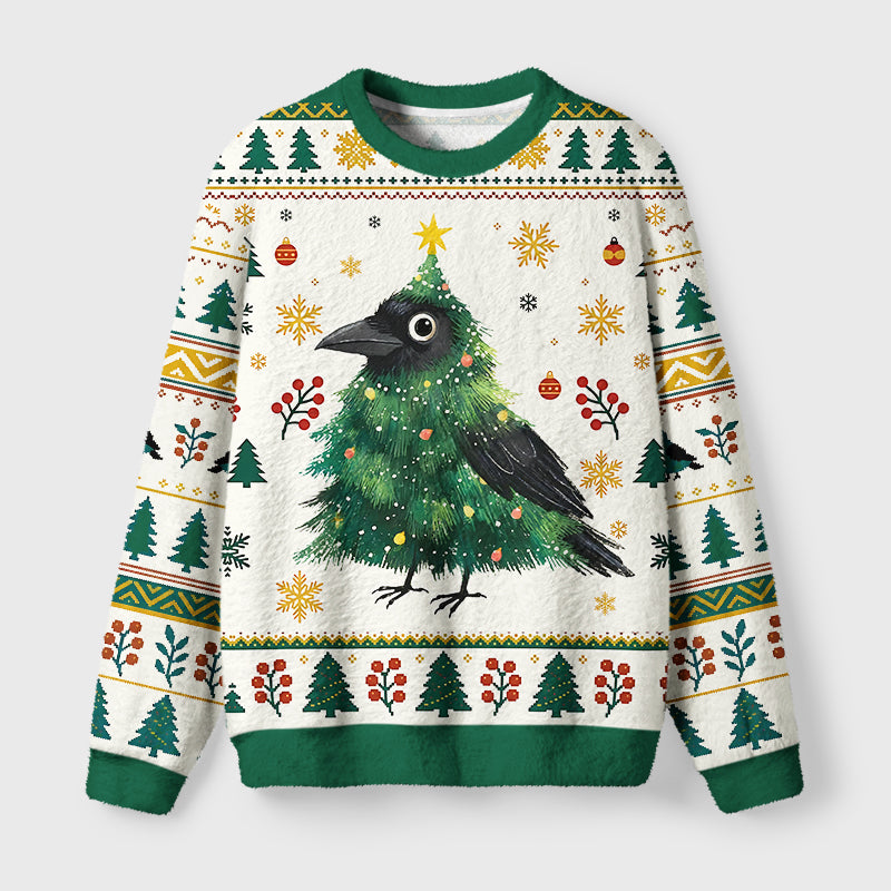 Cute Christmas Tree Crow Fuzzy Christmas Ugly Sweater