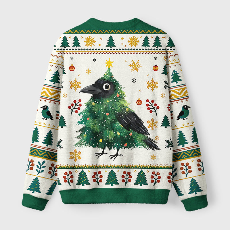 Cute Christmas Tree Crow Fuzzy Christmas Ugly Sweater