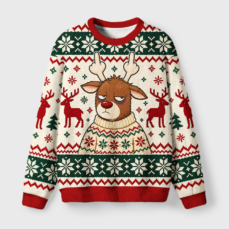 Cute Reindeer Holiday Vibes Fuzzy Christmas Ugly Sweater