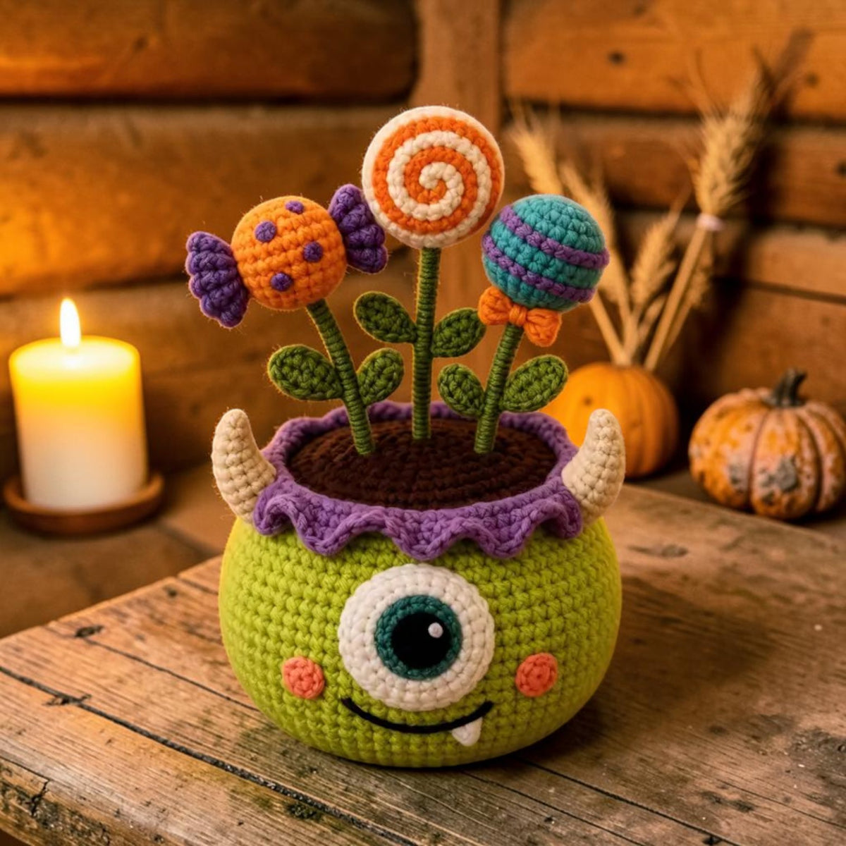 Crochet Halloween potted plant with bat, mummy and pumpkin, view 5