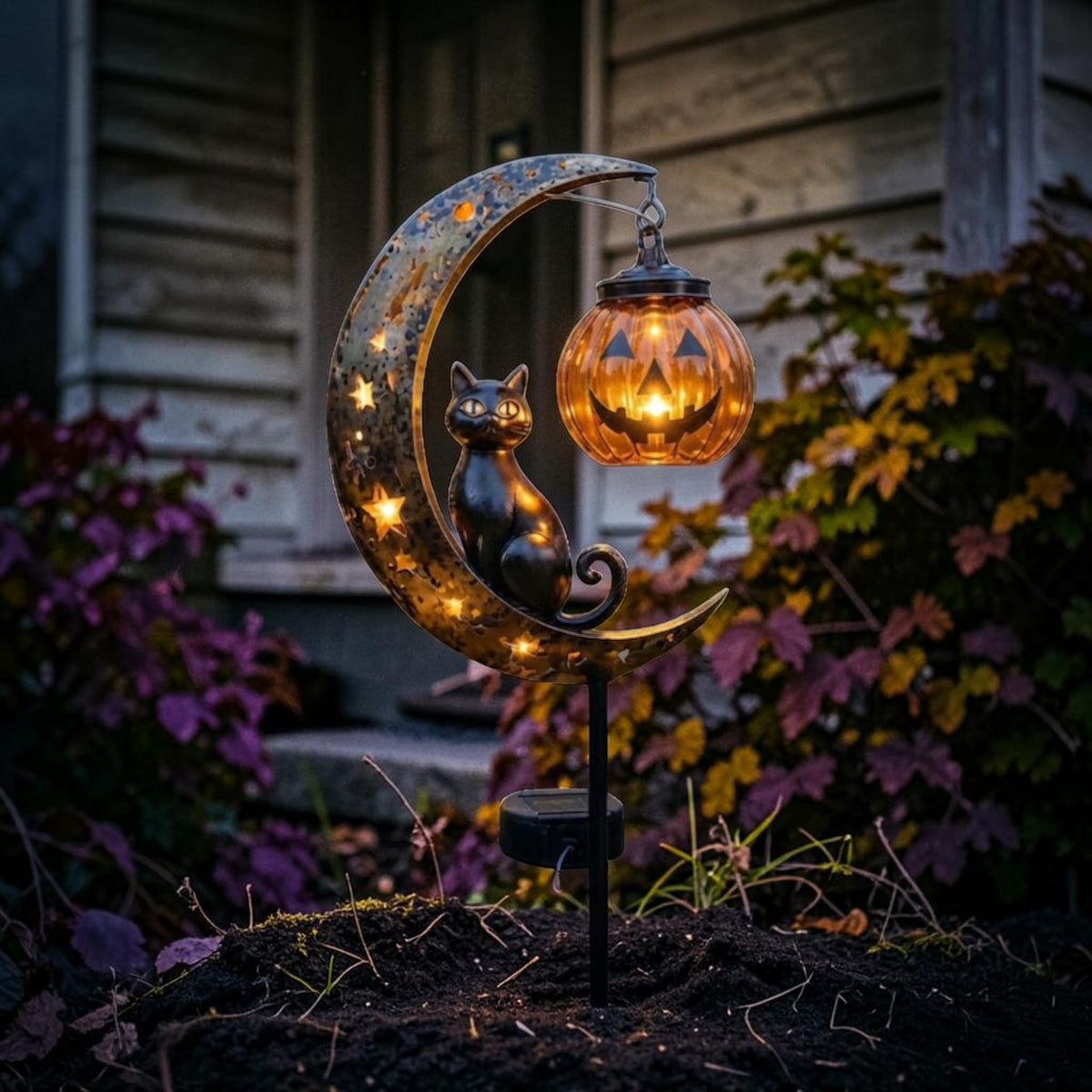Black cat and moon solar stake light, outdoor Halloween pathway lantern, view 4
