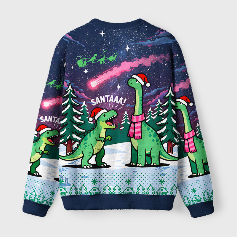 Dinosaur Era Fuzzy Christmas Ugly Sweater