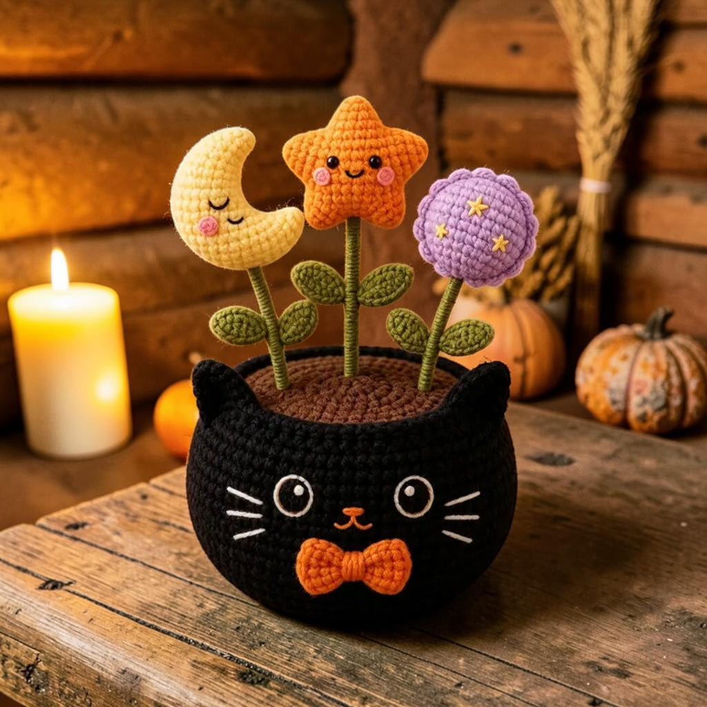 Crochet Halloween potted plant with bat, mummy and pumpkin, view 6
