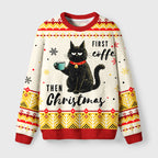First Coffee Then Christmas Cat Fuzzy Christmas Ugly Sweater