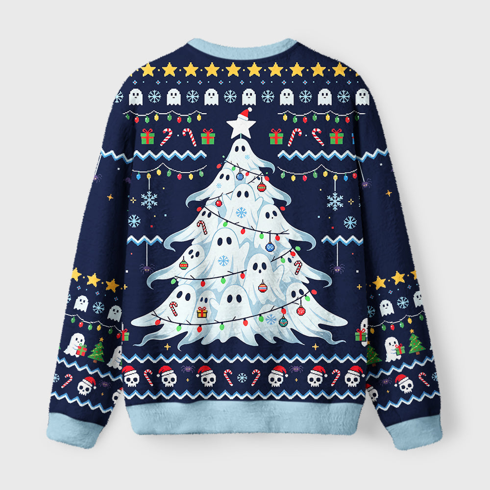 Funny Ghostly Evergreen Fuzzy Christmas Ugly Sweater