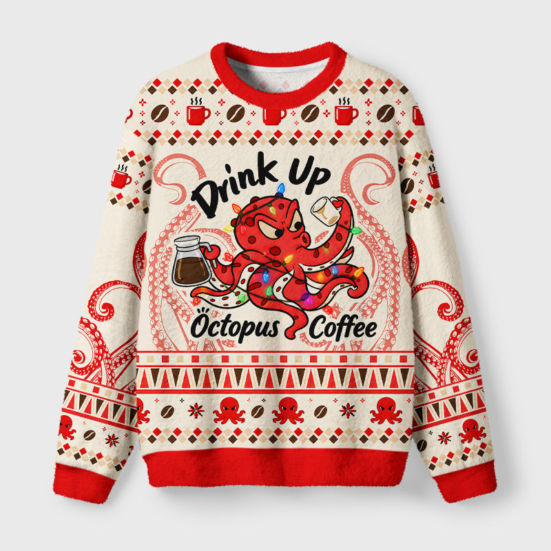 Funny Octopus Coffee Light String Fuzzy Christmas Ugly Sweater