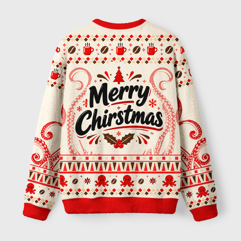 Funny Octopus Coffee Light String Fuzzy Christmas Ugly Sweater