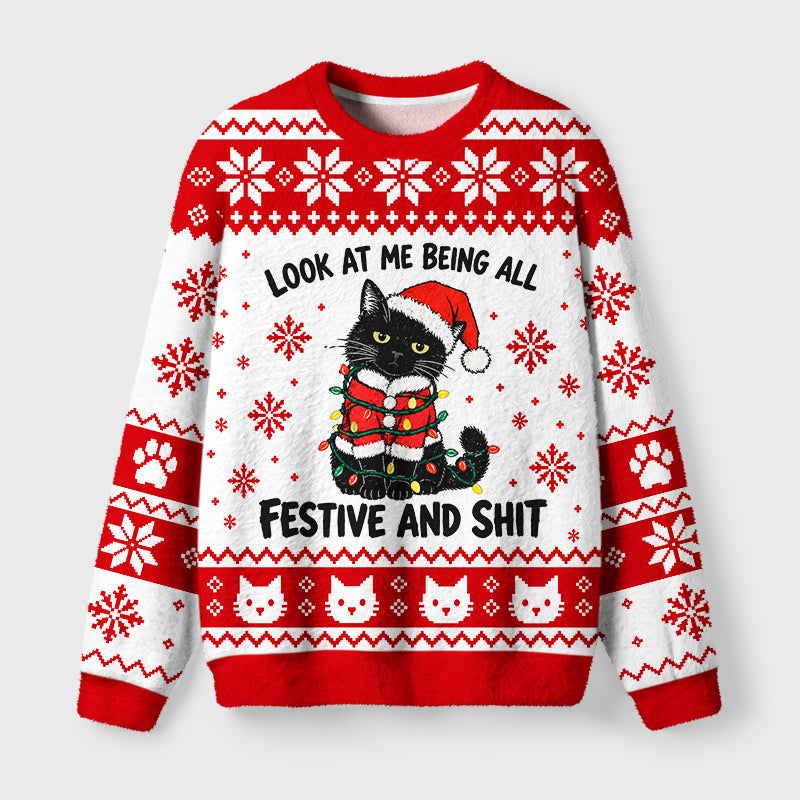 Funny Santa Hat Black Cat Meme Fuzzy Christmas Ugly Sweater