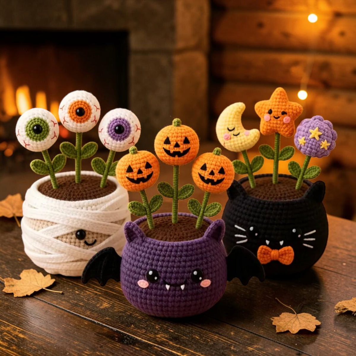 Crochet Halloween potted plant with bat, mummy and pumpkin | USAGatherCo