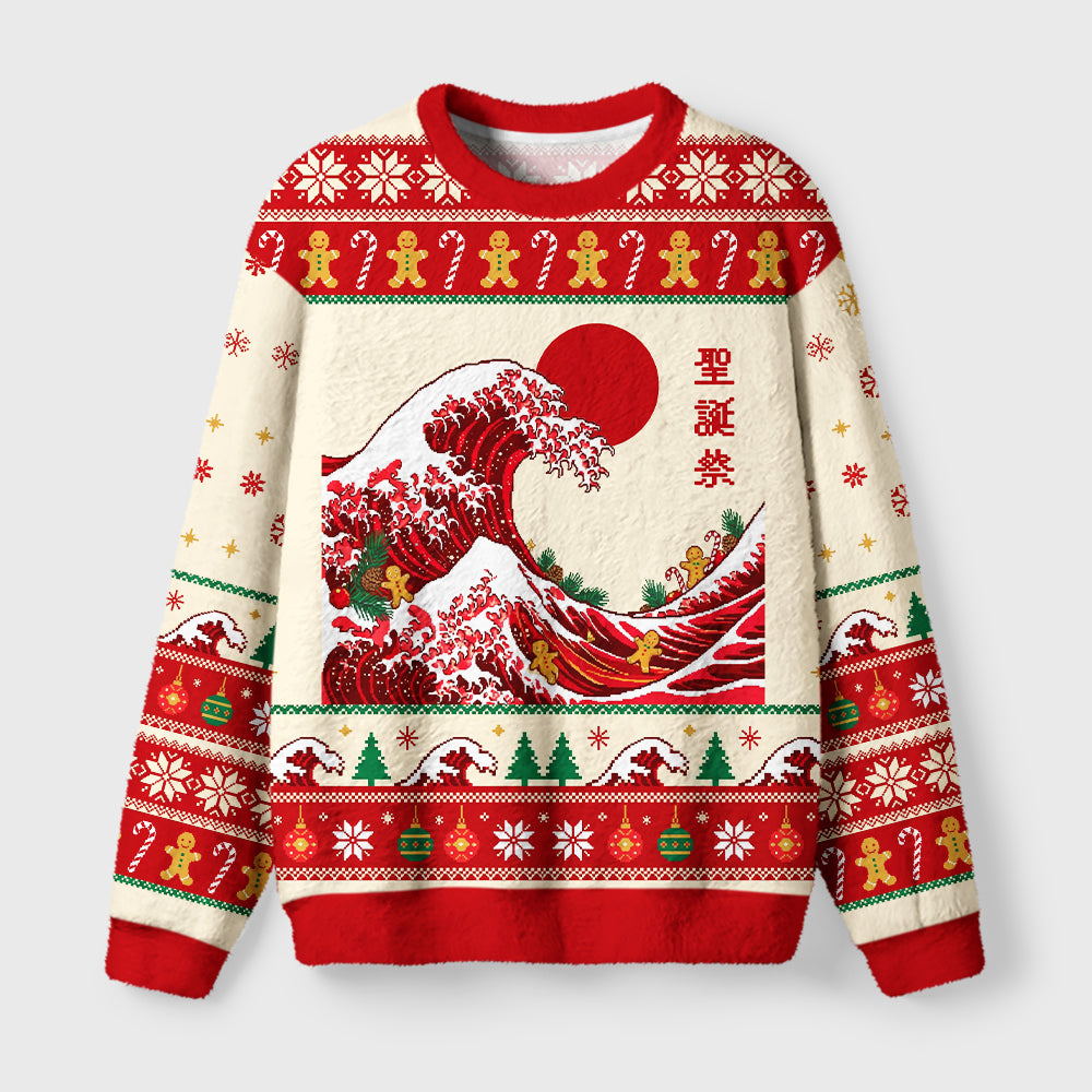 Gingerbread Surf Christmas Wave Fuzzy Christmas Ugly Sweater