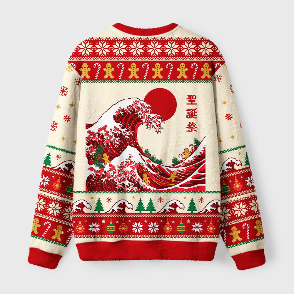Gingerbread Surf Christmas Wave Fuzzy Christmas Ugly Sweater