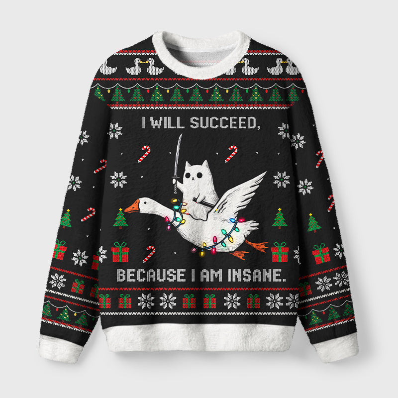 Goose And Ghost Cat The Crazy Path To Success Fuzzy Christmas Ugly Sweater