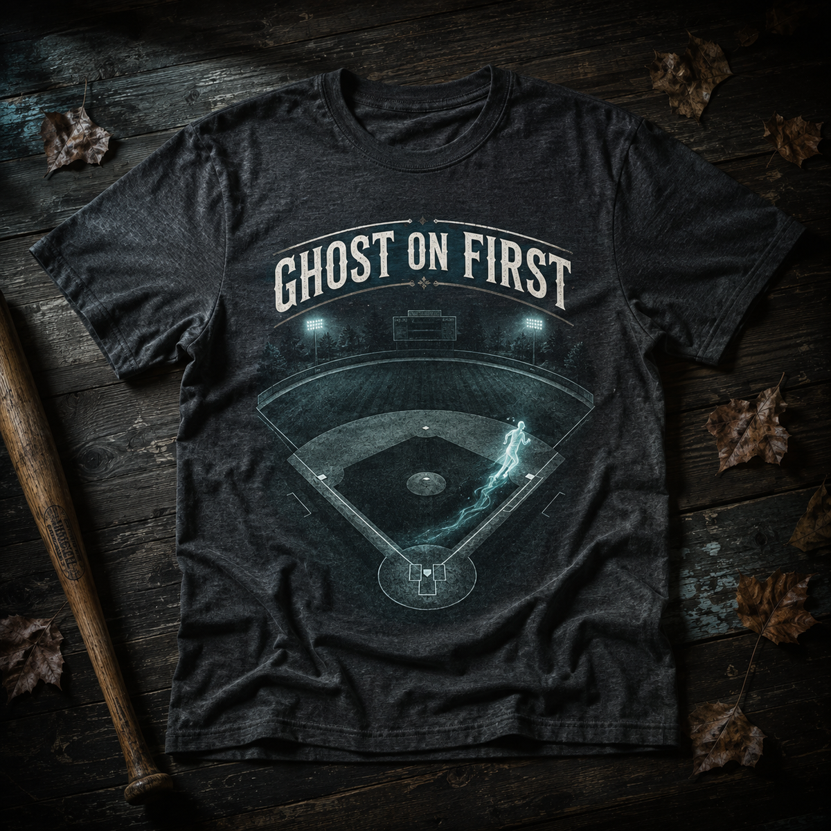 Ghost On First Haunted Diamond Baseball T-Shirt | USAGatherCo