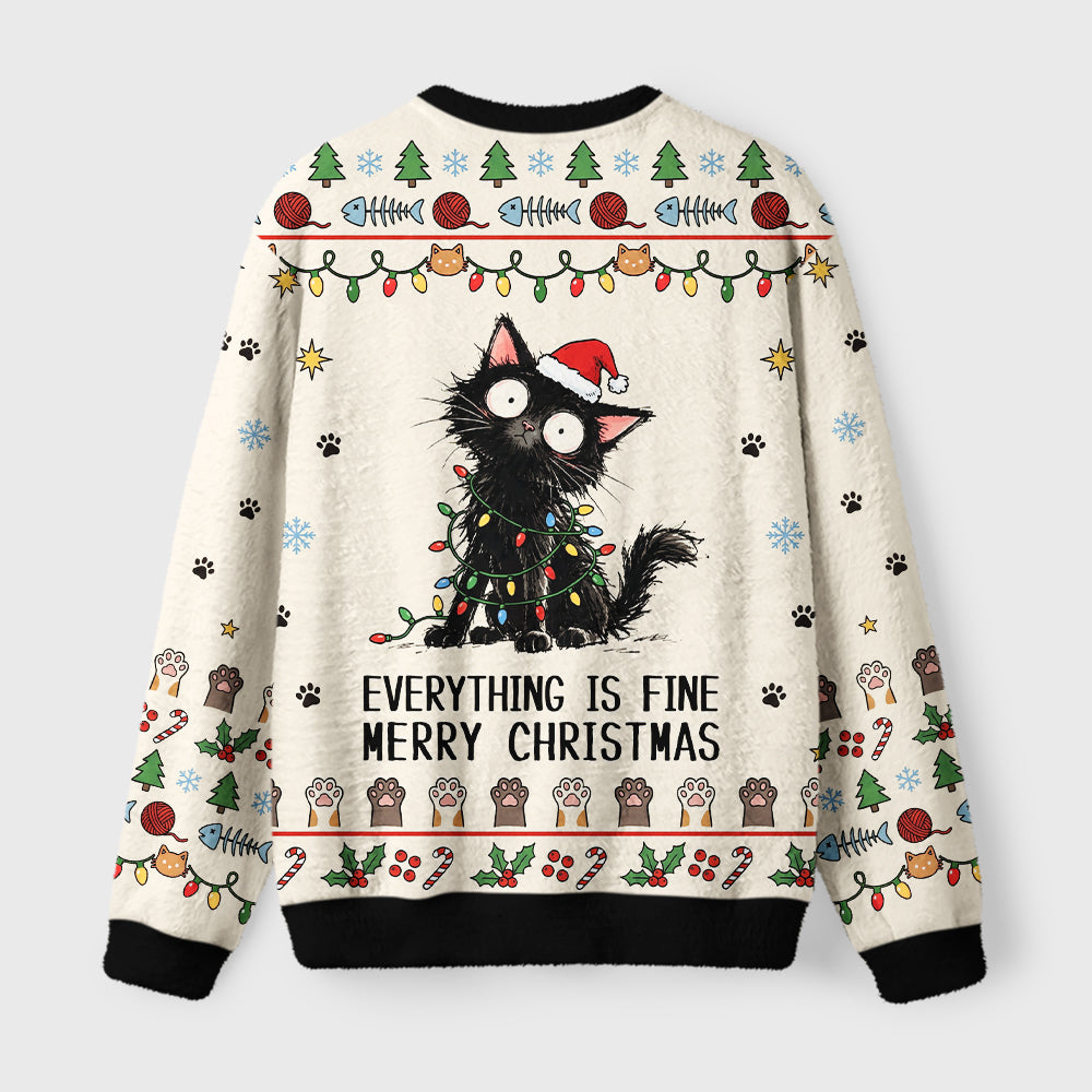 It's Fine Black Cat Meme Fuzzy Christmas Ugly Sweater