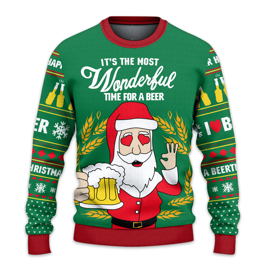 It's Wonderful Time For A Beer Green Ugly Christmas Sweater