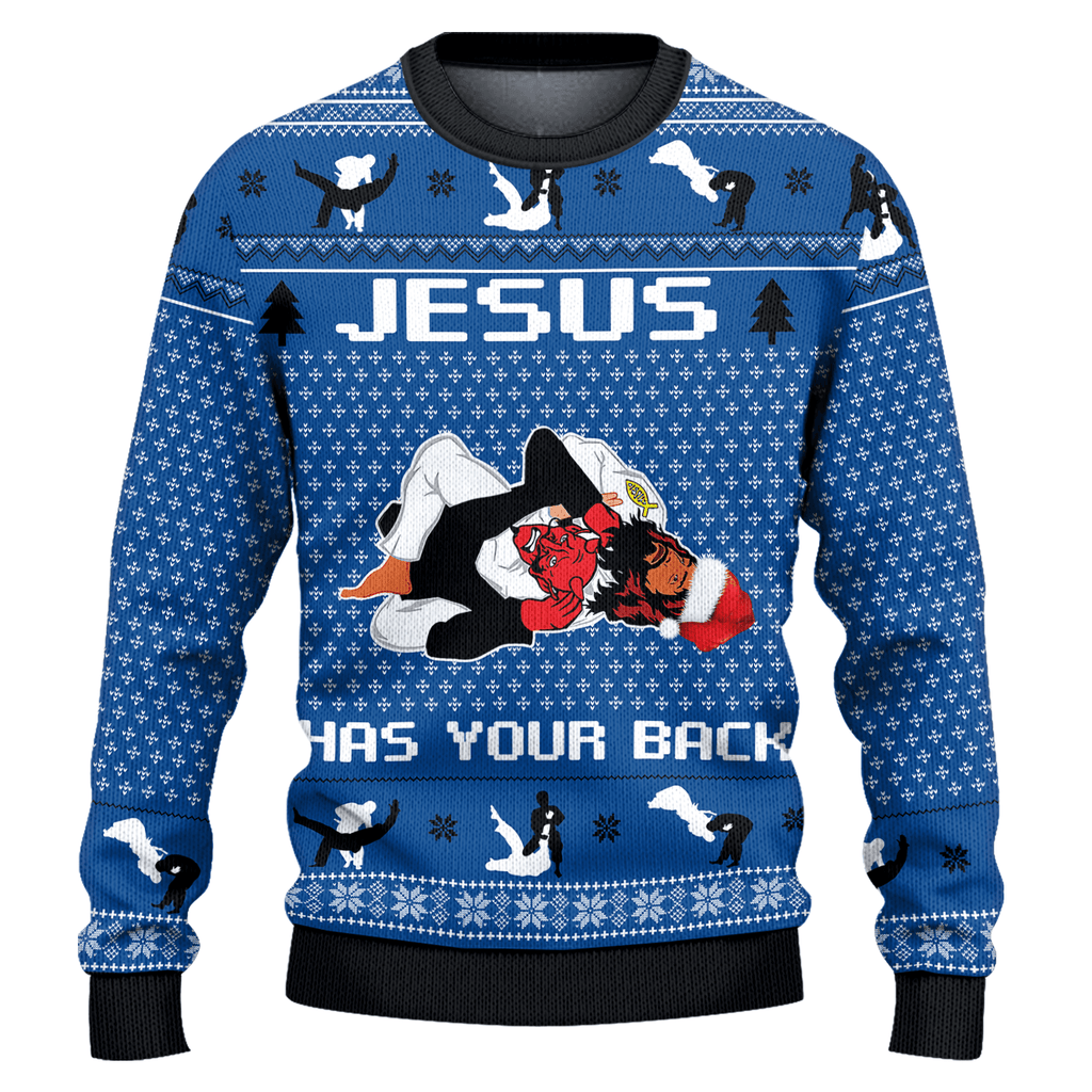 Jesus Has Your Back Blue Ugly Christmas Sweater
