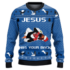 Jesus Has Your Back Blue Ugly Christmas Sweater