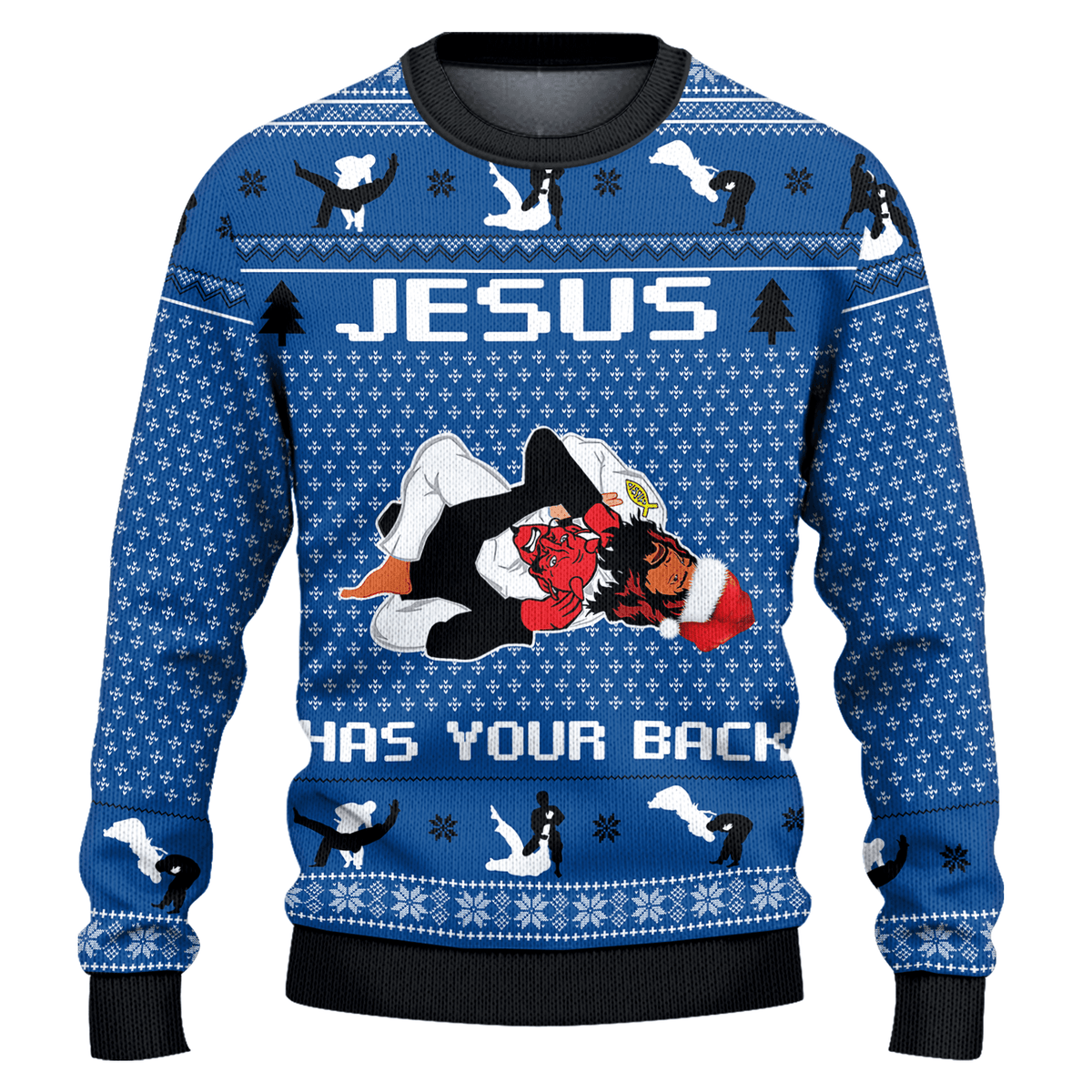 Jesus Has Your Back Blue Ugly Christmas Sweater