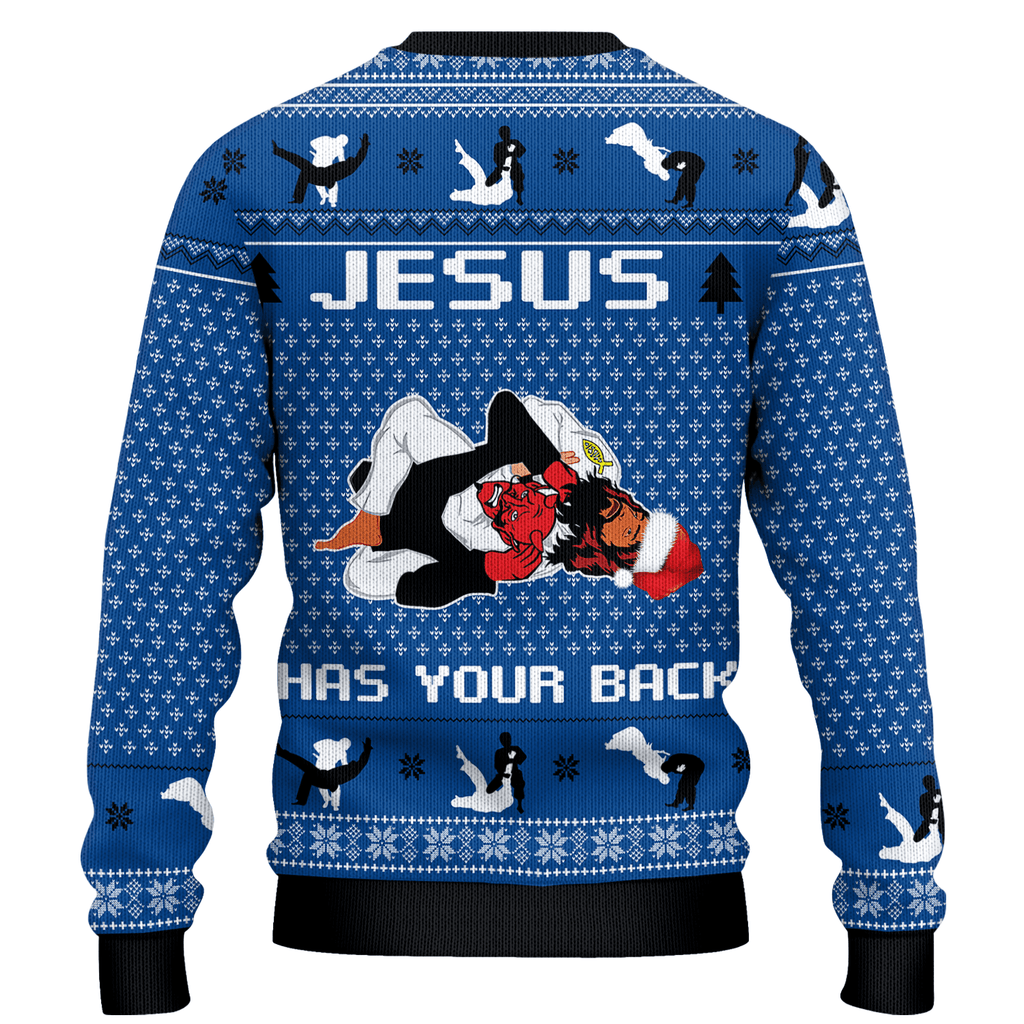Jesus Has Your Back Blue Ugly Christmas Sweater