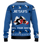 Jesus Has Your Back Blue Ugly Christmas Sweater