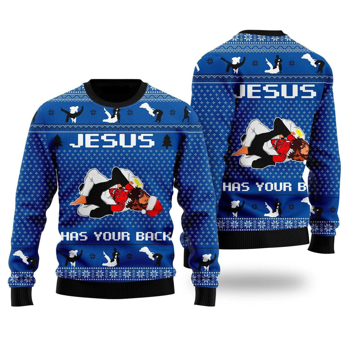 Jesus Has Your Back Blue Ugly Christmas Sweater